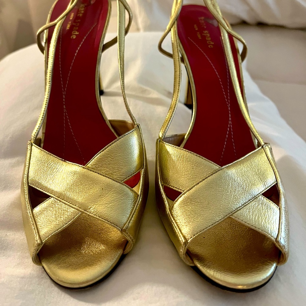 Kate Spade Gold Fabric comfortable strap heels.